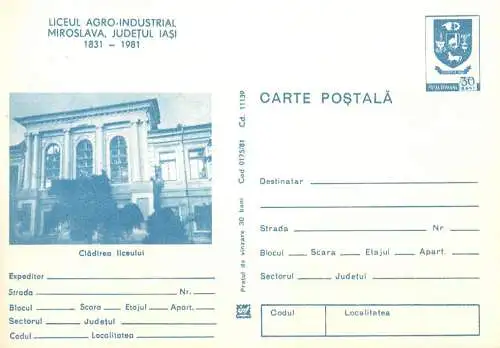 Romania stationery postcard Iasi Miroslava cladirea liceului