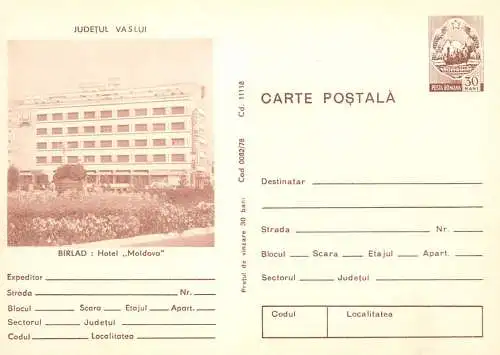 Romania stationery postcard Vaslui Barlad Hotel Moldova
