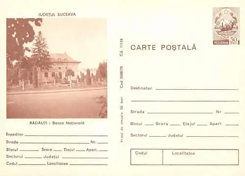 Romania stationery postcard Radauti Banca Nationala