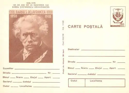 Romania stationery postcard 120 ani de la nasterea lui Barbu Stefanescu Delavrancea