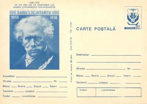 Romania stationery postcard 120 ani de la nasterea lui Barbu Stefanescu Delavrancea