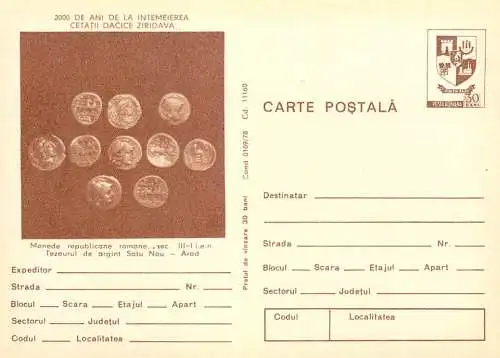Romania stationery postcard 2000 de an de cetatea dacica Ziridava monede romane tezaur argint Arad