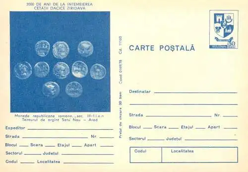 Romania stationery postcard 2000 de an de cetatea dacica Ziridava monede romane tezaur argint Arad