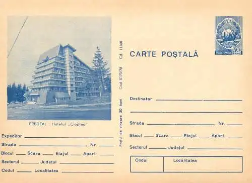 Romania stationery postcard Prahova Predeal Hotel Cioplea