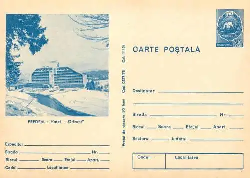 Romania stationery postcard Predeal hotel Orizont