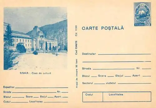 Romania stationery postcard Prahova Sinaia casa de cultura