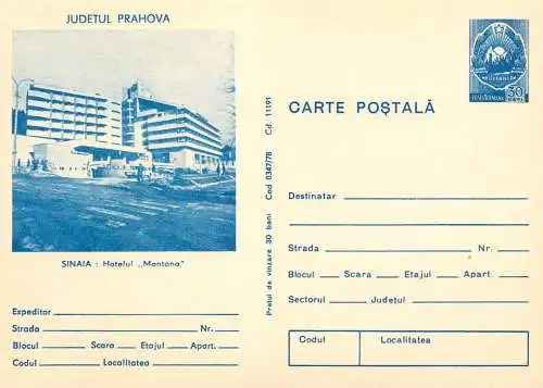 Romania stationery postcard Prahova Sinaia hotel Montana