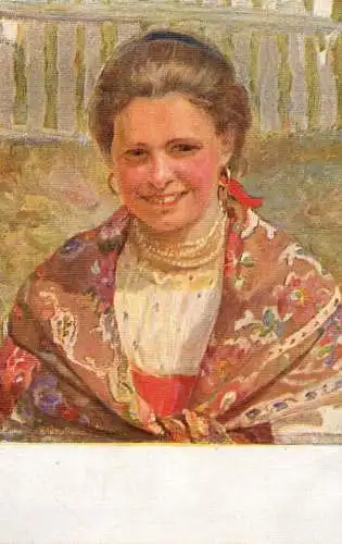 Fine arts painting russian scene young girl with pearls and elegant clothes smile