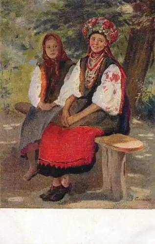 Fine arts painting russian scene young girls in traditional costumes