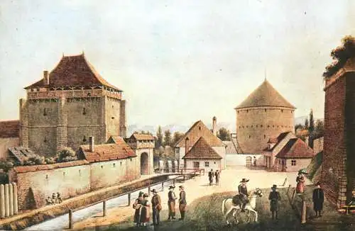 Romania Sibiu Poarta Burger vedere din exerior (demolata in 1856) pictura Johann Bobel