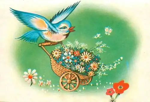 Animals types and scenes bird pushing wheelbarrow's full of flowers handle