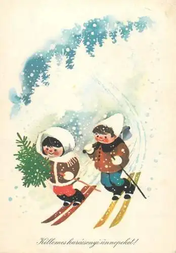 Christmas greetings Kecskemety Karoly drawing skiing types and scenes