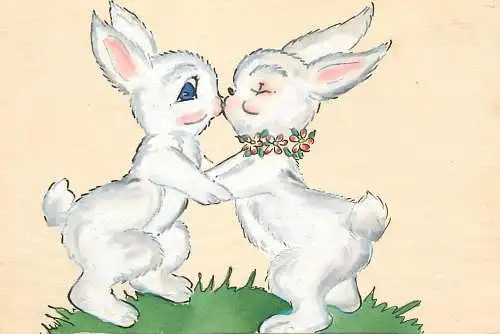 Humanized animals rabbits romantic kiss funny illustration