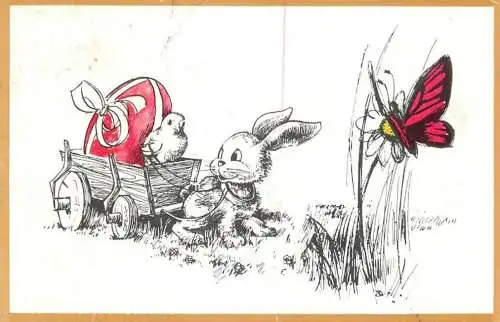 Happy Easter chicken, rabbit and butterfly children drawing