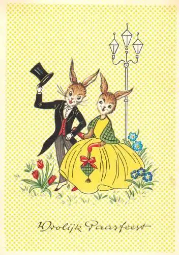 Happy Easter rabbits humanized animals elegant costumes