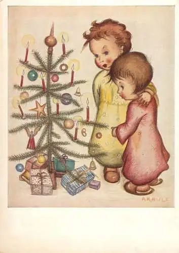 Arbre de Noel & enfants d'apres un tableau original peint a la bouche par Arnulf