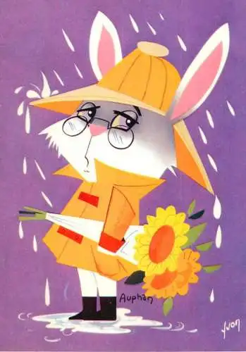 Funny animals rabbit detective outfit  Auphan signed illustration