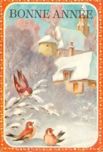 New Year greetings singing birds winter day illustration