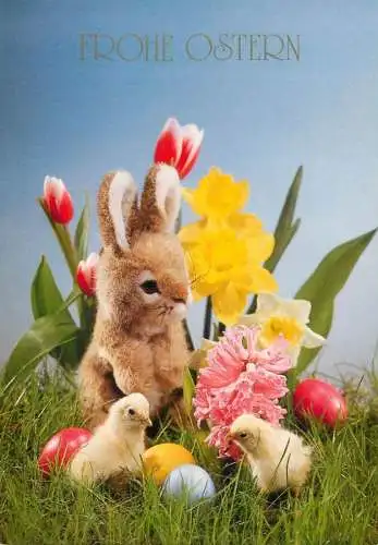 Easter greetings painted eggs, chickens & rabbit toys