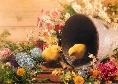 Easter greetings painted eggs & chickens