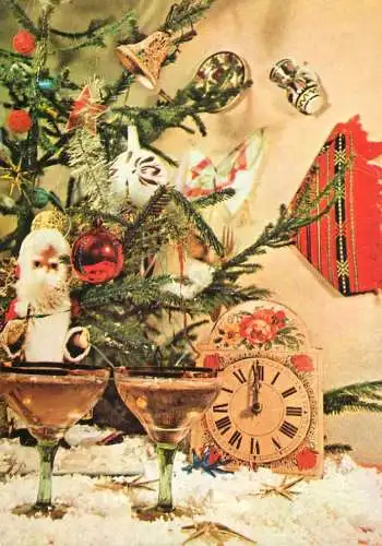 Christmas greetings decorated fir tree, clock and Santa Claus puppet