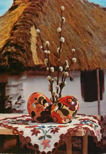 Easter Holiday greetings pencilled eggs & blossom willow branch