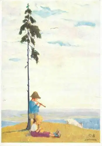 Young shepherd flute singing to his love and goat signed painting