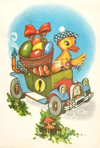 Easter greetings duck driving car funny illustration