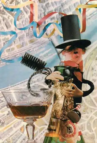 New Year greetings miniature toy chimney sweep with champagne bottle and glass