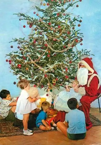 Christmas greetings Santa Claus & children around decorated tree photo
