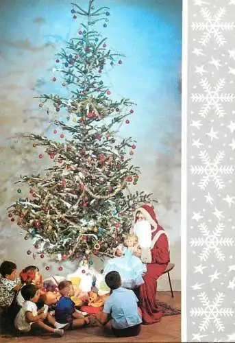 Christmas greetings Santa Claus & children around decorated tree