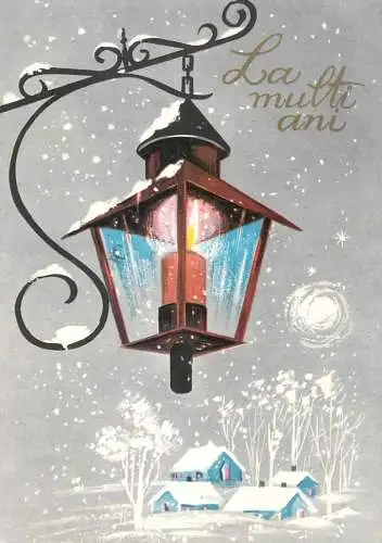 Winter Holidays greetings lit candle street lamp snowy day