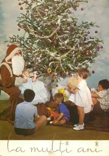 Christmas greetings Santa Claus with children around decorated tree