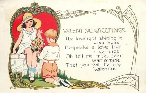 Valentine greetings drawn embossed children couple British art nouveau greetings postcard 1939