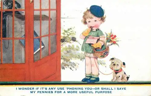I wonder if it`s any use phoning you or shall I save my pennies British comic girl and dog caricature greetings postcard