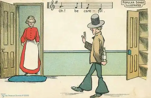 Popular songs illustrated oh be careful alcohol drunk man caricature British humor early postcard