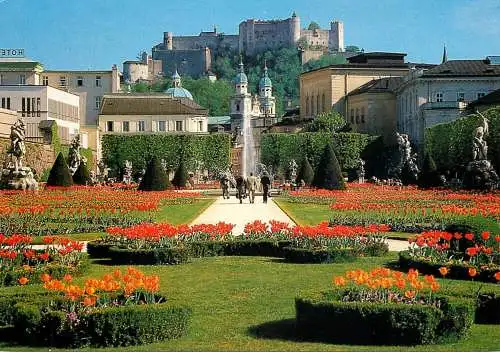 Austria Salzburg Mirabell garden view towards Old Town & Fortress