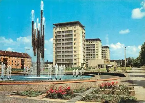 Germany Halle Saale Chemiebrunnen und Hochhauser in der Leninallee