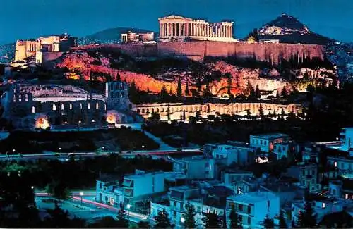 Greece Athens temple of the Acropolis illuminated