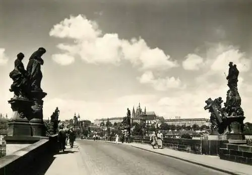 Czech Republic Prague Charles Bridge with statues & Prague Castle
