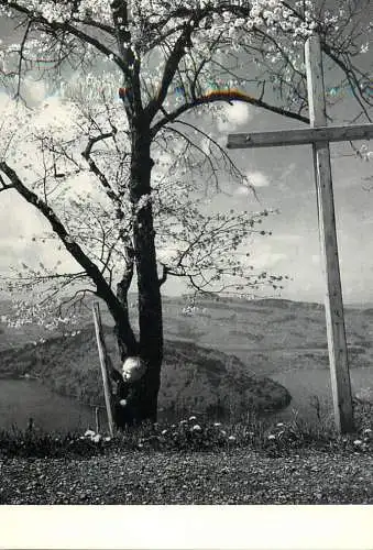 Photography postcard child and cross landscape