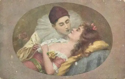 A. Bellet Lesf Kolumbiny Kolumbinens List Ruse de Colombine harlequin lover romantic kiss 1918