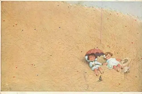 Drawn children comic couple umbrella signed HSB postcard 1922