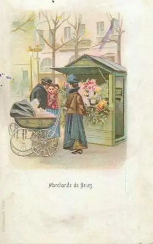 Street Merchants France Flowers seller 1900s chromo litho postcard