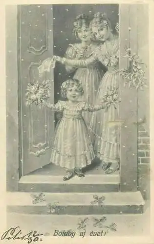 New Year greetings postcard lovely drawn ladies c.1930 Hungary
