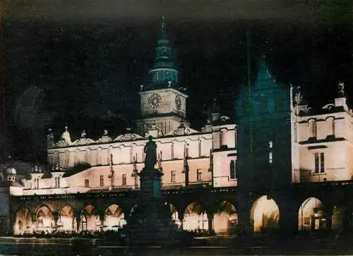 Poland Krakow Main Square Adam Mickiewicz monument & Cloth Hall night view