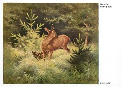 Animals in art deer with fawn Ernst Ludwig von Aster signed painting Wenn der Kuckuck ruft