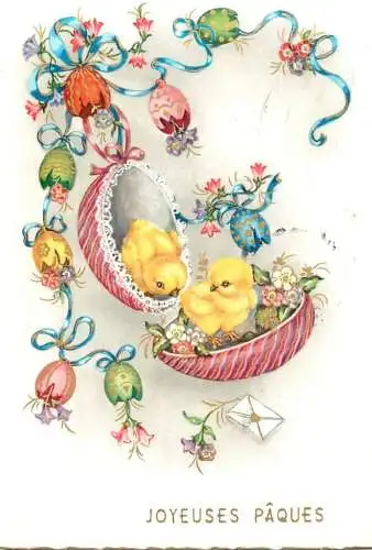 Holiday postcard Easter scene Joyeuses Paques eggs and chicken