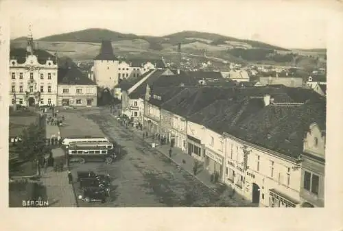 Czech Republic Beroun Beraun real photo postcard 1947 shop stores buses