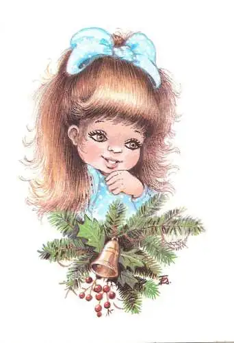 Holiday postcard Christmas girl and bells